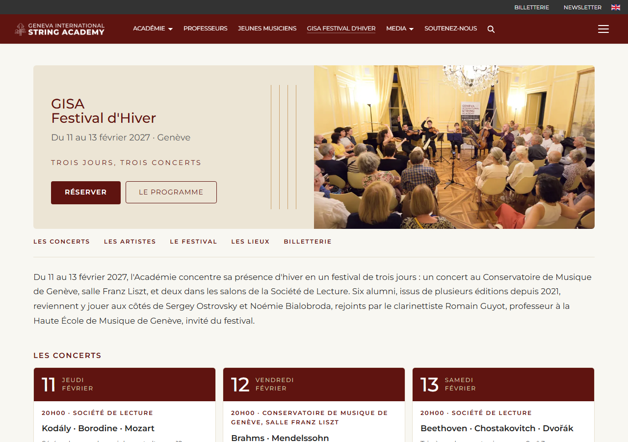 La page du GISA Festival d'Hiver et ses concerts